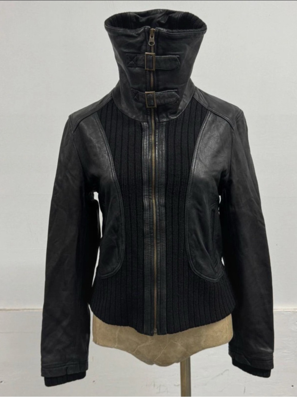 Women's Black Leather & Knit Funnel Neck Jacket